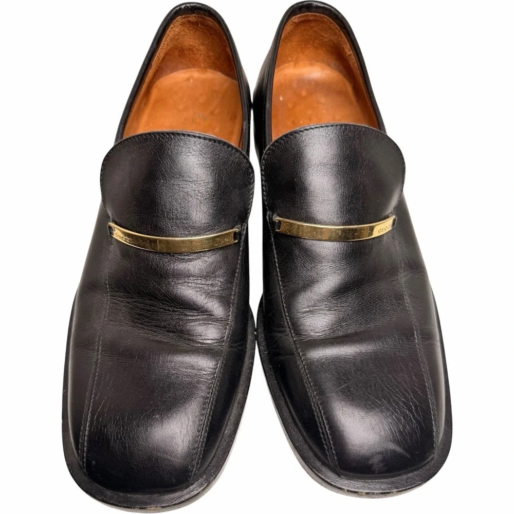 Vintage Gucci Logo Bar Leather Loafers Men’s 8D Black Made in Italy
